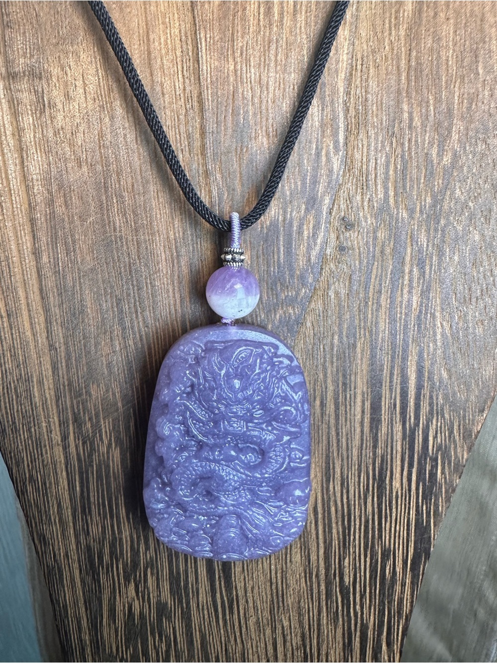 Lavender Carved Ocean Jasper Dragon Pendant Necklace with Half Bowl Amethyst - Picture 9 of 16